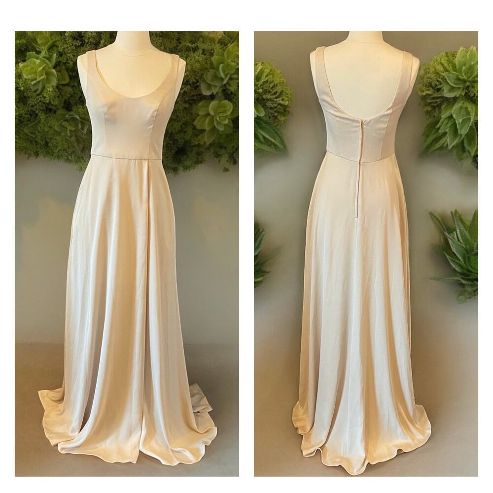 Satin Scoop Neck Formal Maxi Dress With Crepe Low Back By David’s Bridal